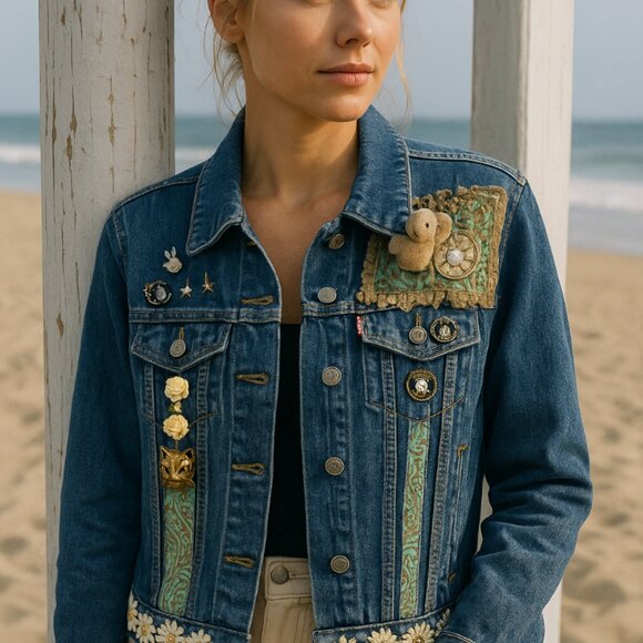 Moon Child Vibes 🌙 Handmade Upcycled Levi’s Jacket – Turquoise, Trims & Charms - Picture 14 of 16